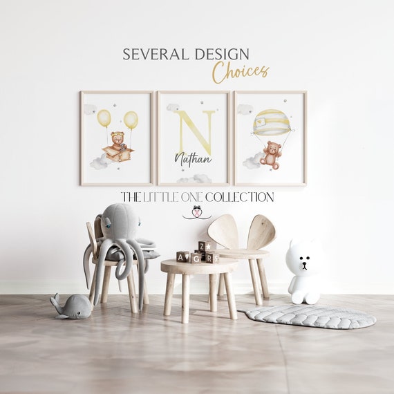 Set of 3 Teddy Bear Prints |Personalized Bear Nursery Decor |Baby Boy Print |New Baby Gift |Neutral Nursery Print |Yellow Nursery Wall Decor