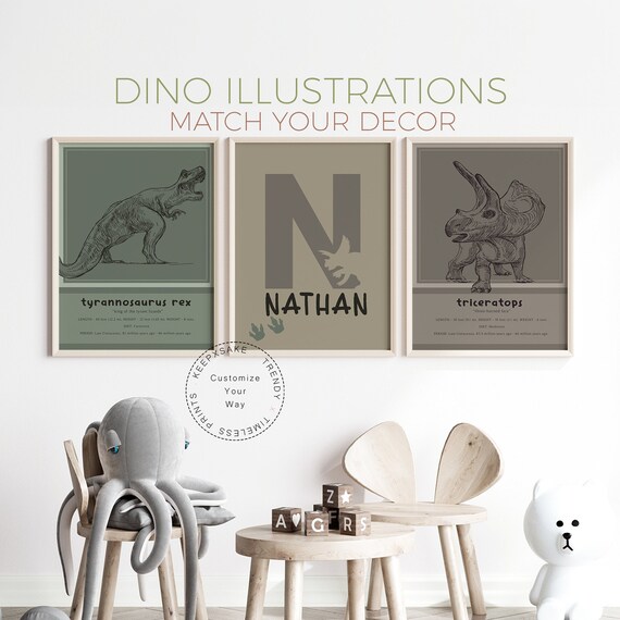 Dinosaur Drawing Prints | Set of 3 Personalized Dinosaur Posters | Green Brown Tones Wall Art - T Rex, Triceratops | Dinosaur Bedroom Decor