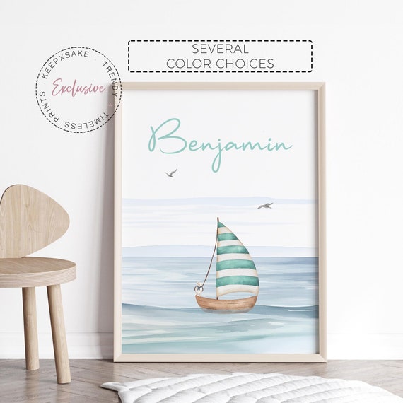 Personalized Nautical Name Nursery Print | Ocean Seagull Decor | Watercolor Ocean Sailboat Theme Nursery | Blue Green Nursery |New Baby Gift