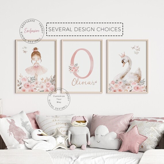 Roses Swan Ballet Nursery Print | Girl Bedroom Prints | Floral Ballerina Nursery | Ballet Nursery Wall Art | Pink Floral Butterfly Name Sign