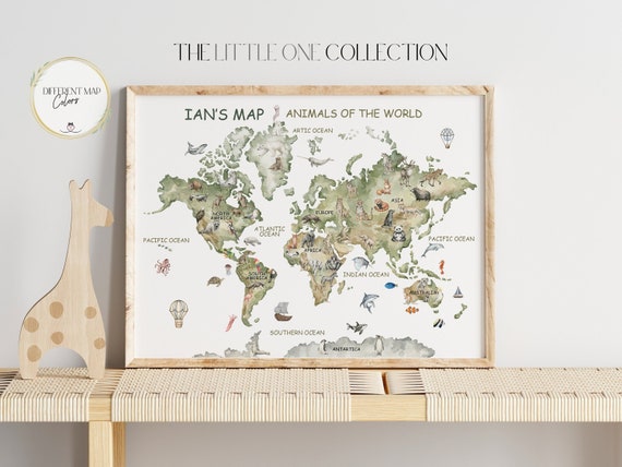 Animal World Map Print | Personalized Map Wall Art | Educational Poster | Kids Room Decor | World Map Wall Art | Playroom Print |Nursery Map