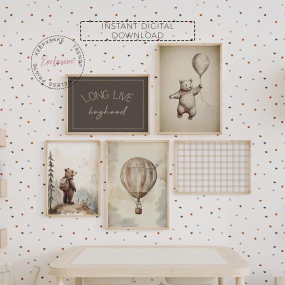 Vintage Teddy Bear Gallery Wall Set | Hot Air Balloon Nursery | Long Live Boyhood Print |New Baby Teddy Shower Gift | Brown Beige Room Decor