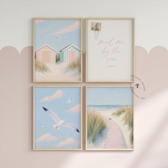 Coastal Wall Art Set of 4, Beach Printable Decor for Teen Girl Room, Pastel Seaside Prints, Girls Bedroom  Printable Decor