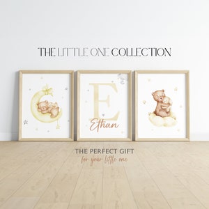 Set of 3 Teddy Bear Prints | Personalized Bear Nursery Decor | Yellow Nursery Wall Decor | Baby Boy Girl Print | Neutral Nursery Print