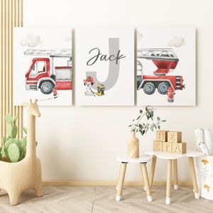 Rescue Vehicle Fire Truck Set of 3 Prints Boys Vehicle Personalized Prints Watercolor Fire Truck Nursery Decor Boys Bedroom Wall Art image 6