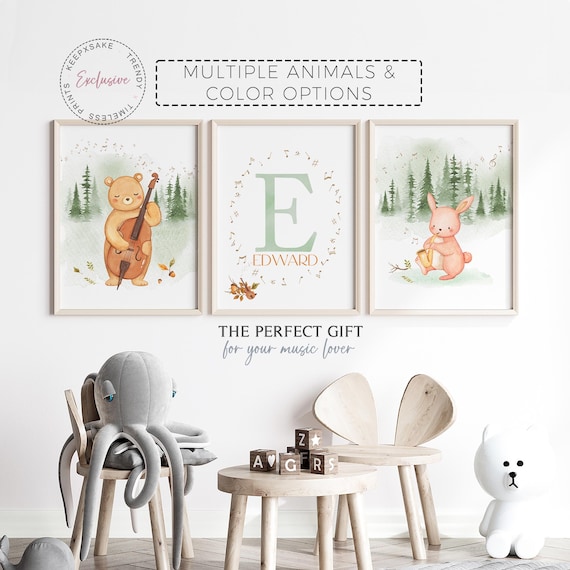 Woodland Musical Animal Nursery Prints | Gender Neutral Forest Nursery Decor | Personalized Animals Playing Instruments Printable Wall Art