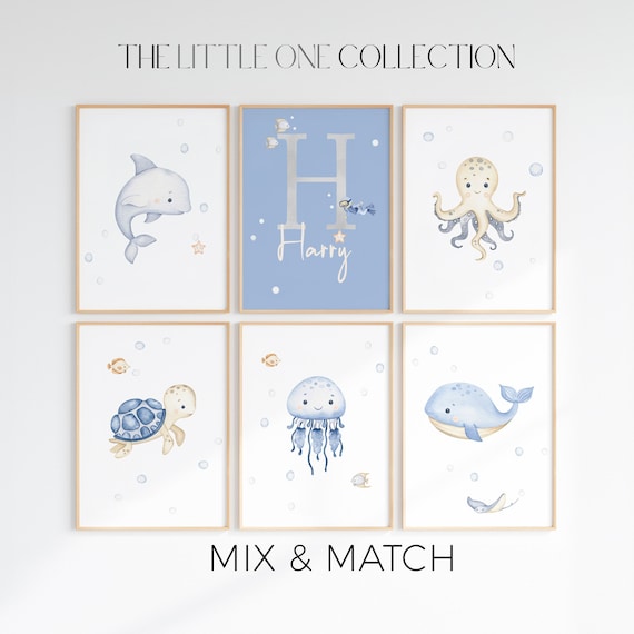 Under the Sea Nursery Prints | Personalized Boy Nursery Prints |Sea Animal Wall Art | Nautical Ocean Animal Poster | Blue Grey Nursery Decor