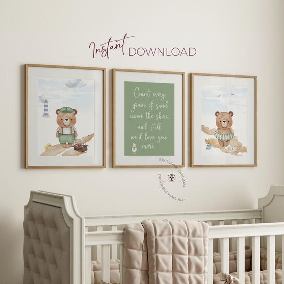 Sage Green Nautical Teddy Bear Nursery Prints | Coastal Printable Wall Art Set of 3 | Ocean Quote Decor