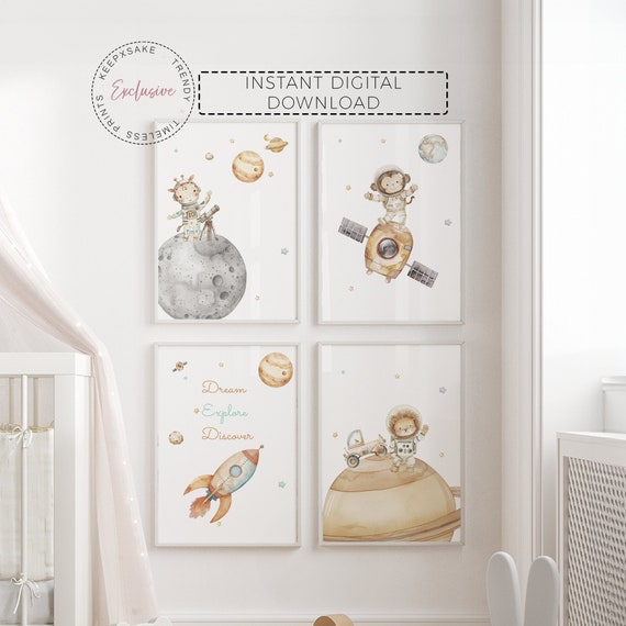 Space Animals Nursery Print, Set of 4 | Astronaut Animals Nursery Decor | Toddler Boy Outer Space Astronaut Room Decor | Digital Download
