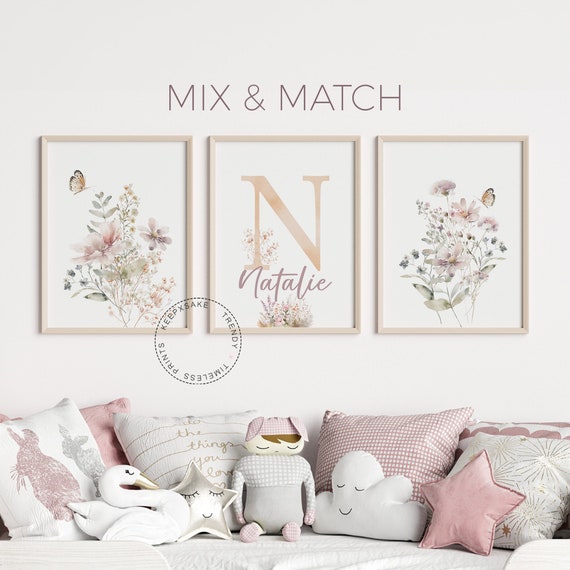 Wildflowers Prints, Personalized | Custom Floral Nursery Wall Art | Flowers Wall Art |Boho Baby Girl Nursery Decor | Name Initial Print