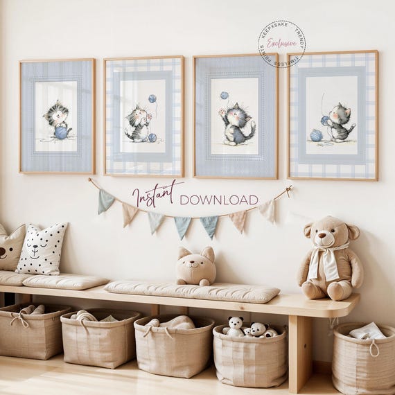 Blue Kitten Nursery Wall Art Set of 4, Cute Cat Nursery Prints, Baby Boy Room Decor, Vintage Storybook Animal Illustration
