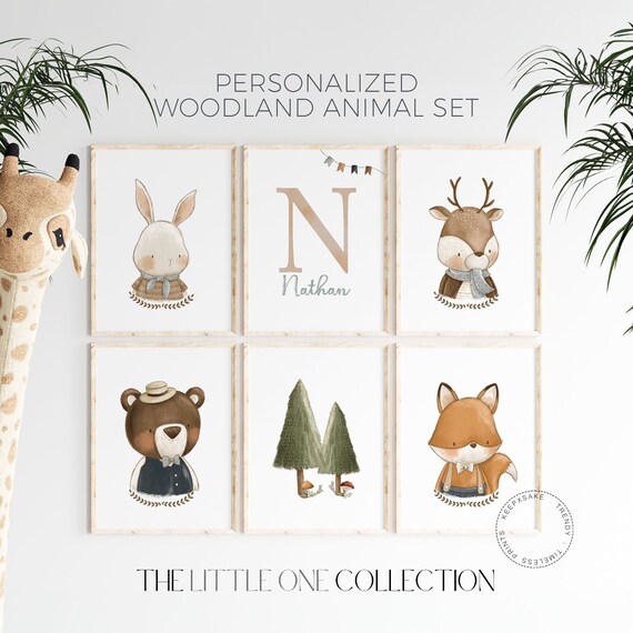 Chic Woodland Animals Print, Set of 6 | Chic Name Print | Boho Nursery Prints | Toddler Woodland Printable Wall Art |Sage Green Nursery Gift