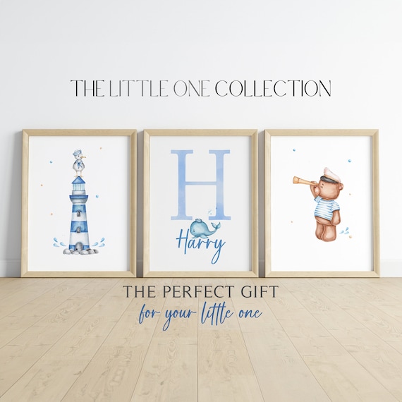 Nautical Nursery Prints Set of 3 | Teddy Bear Personalized Decor | Blue Nursery Prints | Boy Nautical Nursery | Teddy Bear Lighthouse Prints