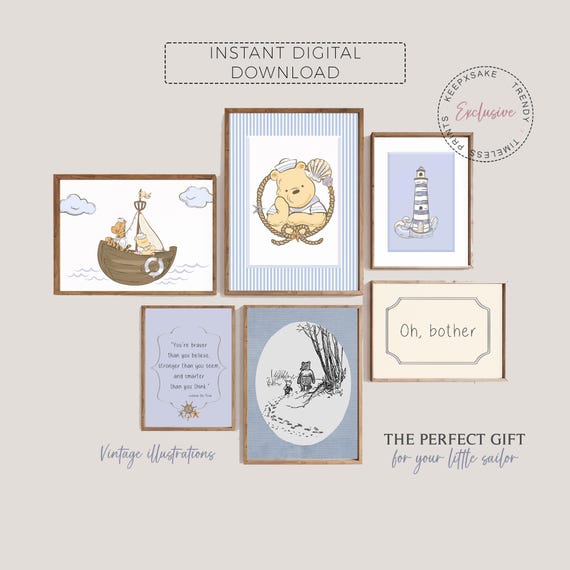 Winnie The Pooh Gallery Wall Art | Nautical Nursery Decor | Classic Pooh and Friends Quote Prints |New Baby Custom Gift | Pooh Baby Shower