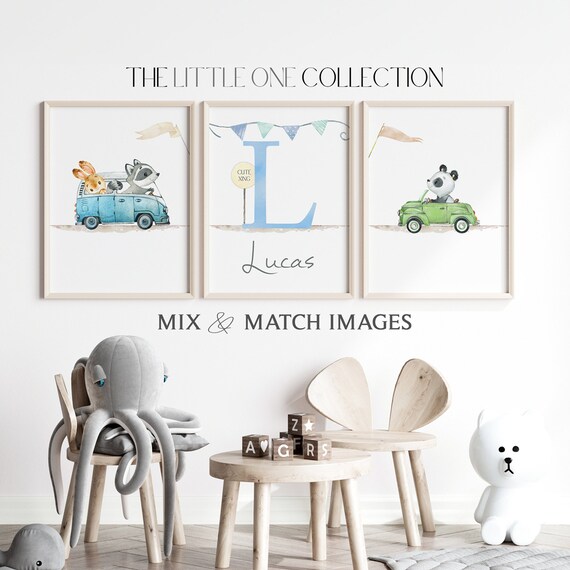 Animal Cars Prints | Personalised Transport Nursery Print | Race Car Nursery Decor Set of 3 | Safari Animal Racing Cars | Boys Room Decor