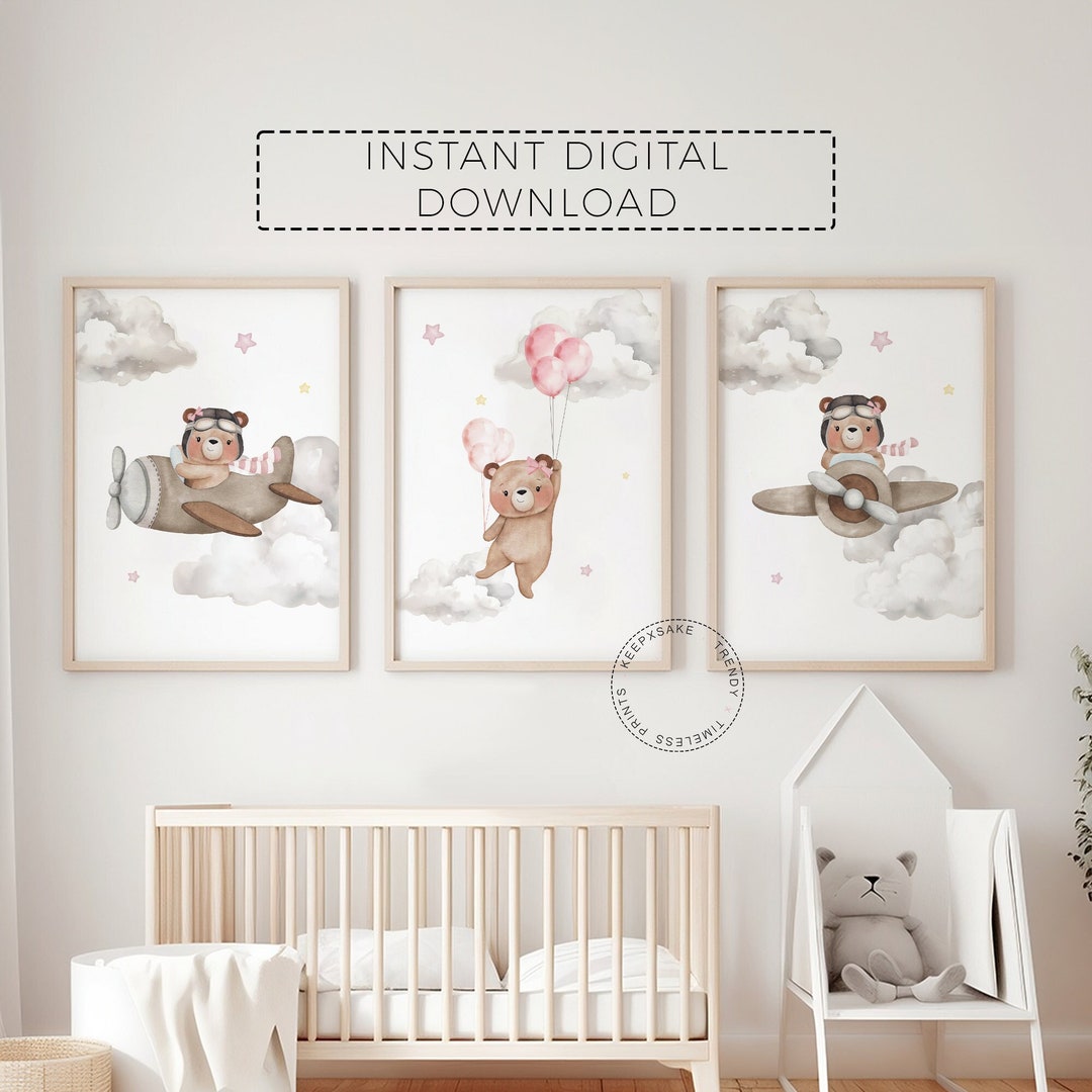 Girl Teddy Bear Airplane Nursery Prints Set of 3 | Pink Nursery Decor ...