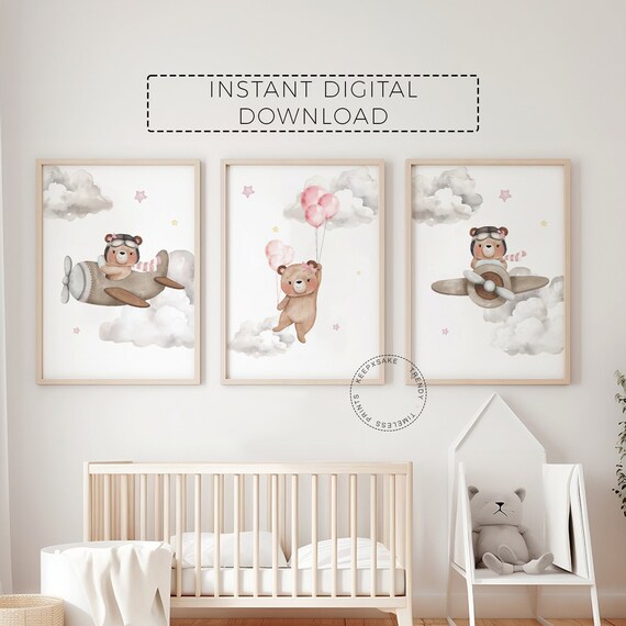 Girl Teddy Bear Airplane Nursery Prints Set of 3 | Pink Nursery Decor |New Baby Girl Gift | Bear Balloon Nursery Wall Art | Digital Download