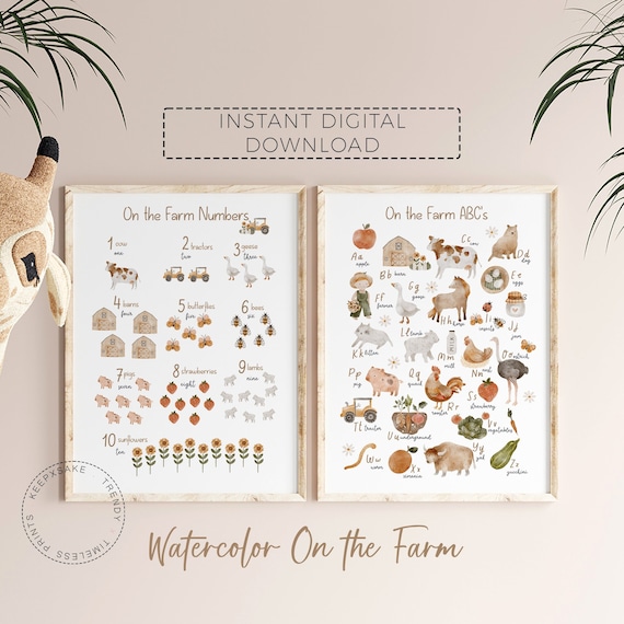 Farm Alphabet and Numbers Print | Farm Nursery Wall Art | Farm Animal Poster | Learning Educational Prints | ABC Poster | Digital Download