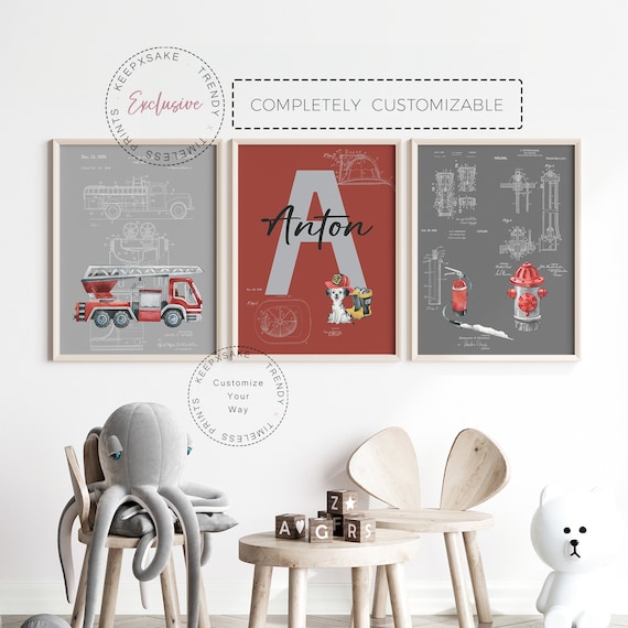 Fire Truck Patent Prints, Personalized | Rescue Vehicle Fire Truck Set of 3 Prints |Firefighter Truck Blueprint Decor |Boys Bedroom Wall Art
