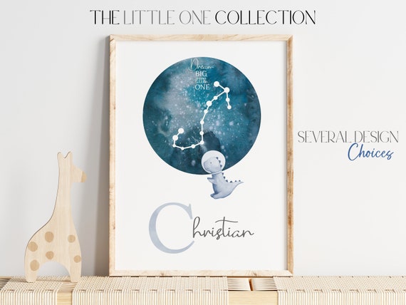 Dinosaur Personalized Name Print | Space Dinosaur Room Print | Dinosaur Playroom | Zodiac Birth Sign Nursery | Neutral Blue Nursery Decor