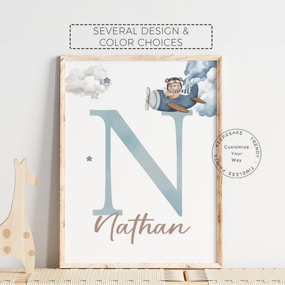 Teddy Bear Airplane Nursery Initial Name Print | Blue Brown Nursery Decor | New Baby Boy Gift | Bear Balloon Nursery Printable Wall Art