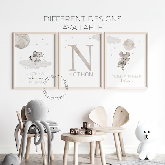 Moon Stars Cloud Nursery Prints |Vintage Elephant Mouse Wall Art | Baby Name Twinkle Twinkle Little Star, Sweet Dreams Neutral Nursery Print