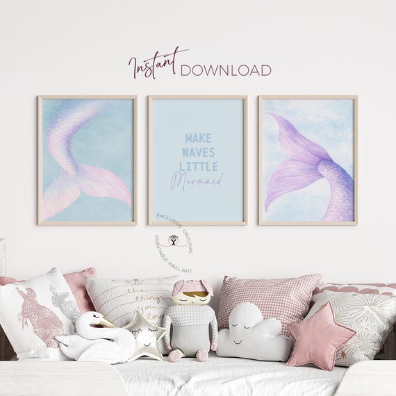 Pastel Mermaid Tail Wall Art | Girls Purple Mermaid Prints | Make Waves Quote Printable | Teen Bedroom Ocean Decor