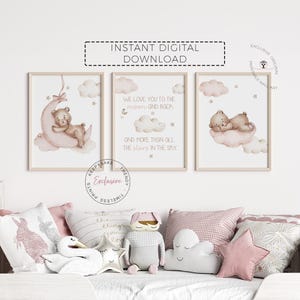 Teddy Bär Prints | Sterne Wolke Mond | Neutral Beige Blush Rosa Naturballon Dekor | Mond Sterne Zitat druckbare Kunst