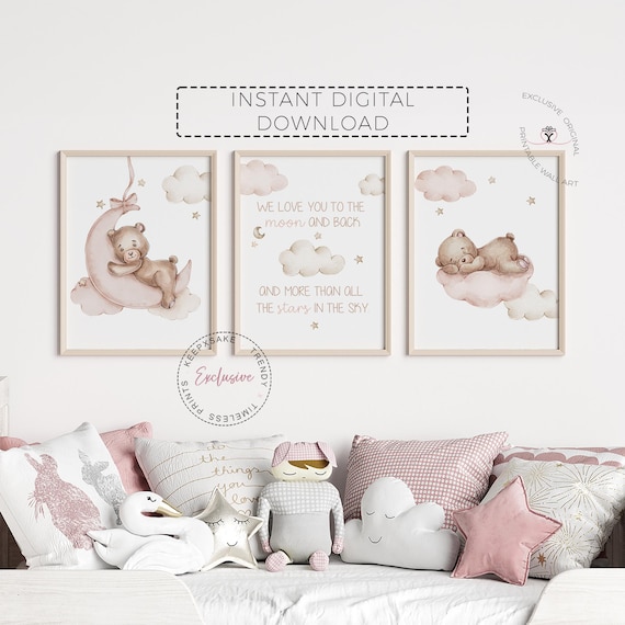 Baby Nursery Teddy Bear Prints | Stars Cloud Moon | Neutral Beige Blush Pink Natural Balloon Decor | Moon Stars Quote Printable Wall Art