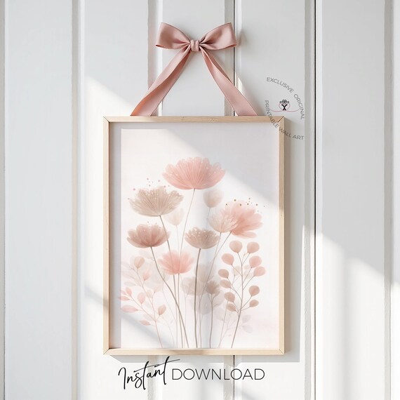 Boho Floral Nursery Wall Art, Pink Flowers Printable, Girls Bedroom Wall Art, Soft Blush Botanical Print, Instant Download