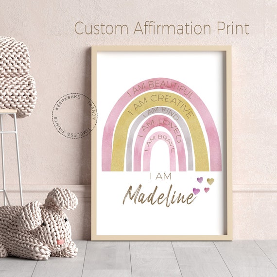 Pink Rainbow Name Print | Positive Affirmations Rainbow Poster| Personalized Girls Bedroom Wall Art | Toddler Girl Rainbow Room Decor Gift
