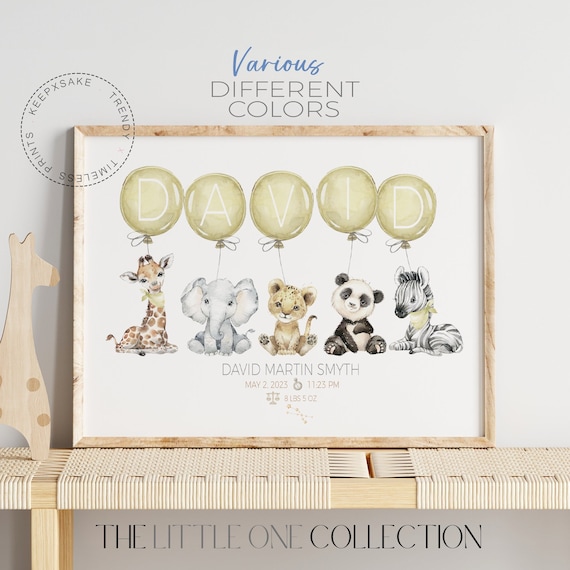 Animal Safari Balloon Personalized Name Print | Baby Nursery Birth Wall Art |New Baby Christening Gift | Safari Name Print | Balloon Nursery