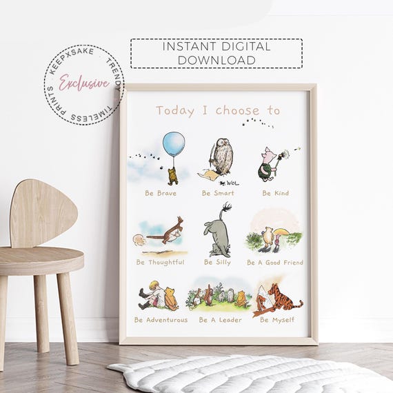 Classic Pooh Kids Affirmation Print – Today I Choose To Nursery Wall Art | Vintage Storybook Style | Positive Quotes for Children