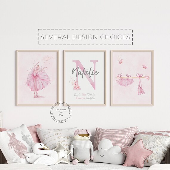Ballerina Wall Art Decor, Personalized |Initial Name Ballerina Printable | Blush Pink Ballerina Nursery | Butterflies, Flowers and Slippers