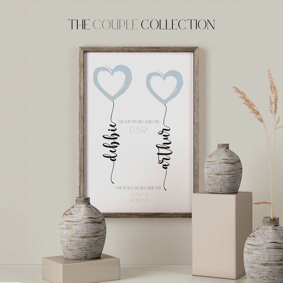 Couples Heart Balloon Personalized Print | Couples Name Custom Print | Wedding Anniversary Date Print | Valentines Gift | Gift for Her
