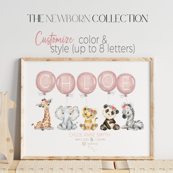 Animal Safari Balloon Personalized Name Print | Nursery Birth Sign | Baby Girl Birth Stats Print | New Baby Gift | Blush Pink Nursery Decor