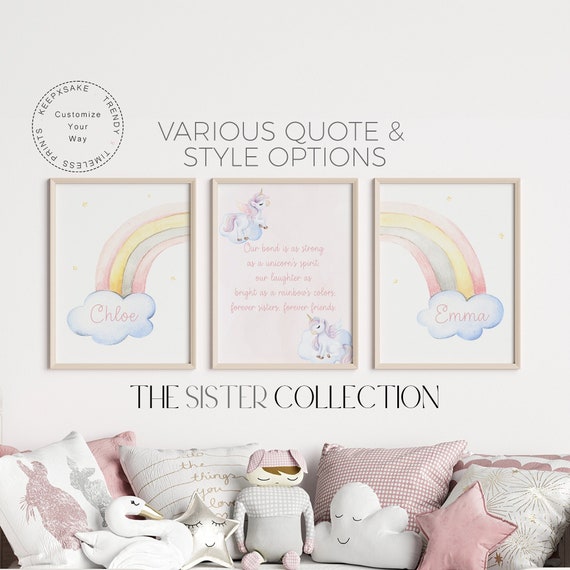 Rainbow Sisters Bedroom Prints | Shared Bedroom Wall Art | Unicorn Girls Room Personalized Decor |Twin Girls Name Print |Sister Bedroom Gift