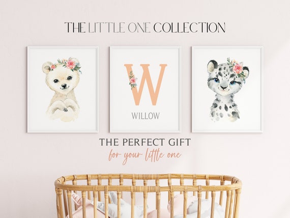 Baby Girl Floral Animal Nursery Print |  Girl Safari Animal Wall Art | Blush Pink Nursery Decor | Name Initial Sign | Neutral Animal Decor