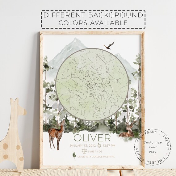 New Baby Star Map Gift | New Baby Personalized Gift | Night You Were Born Canvas |Baby Custom Sky Nursery Print |Woodland Deer Nursery Decor