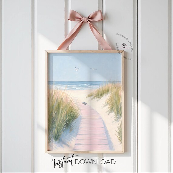 Beach Boardwalk Wall Art Printable, Pastel Coastal Nursery Decor, Girls Bedroom Print, Teen Room Ocean Art