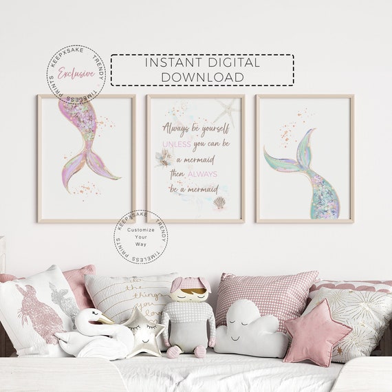 Mermaid Prints, Set of 3 |Quote Wall Art | Mermaid Nursery Prints | Under The Sea Kids Room | Girl Room Teal Pink Decor | Printable Girl Art