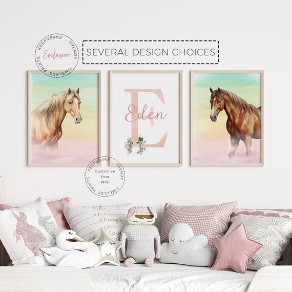 Floral Horse Wall Art | Horse Prints, Personalized | Horse Bedroom Print, Set of 3 | Rainbow Decor | White Horses Nursery Printable Wall Art