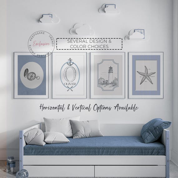 Nautical Gallery Wall Print Set of 4 | Vintage Nautical Coastal Nursery | Alphabet Print | Blue Grey Nursery | Lighthouse, Sailboat Prints