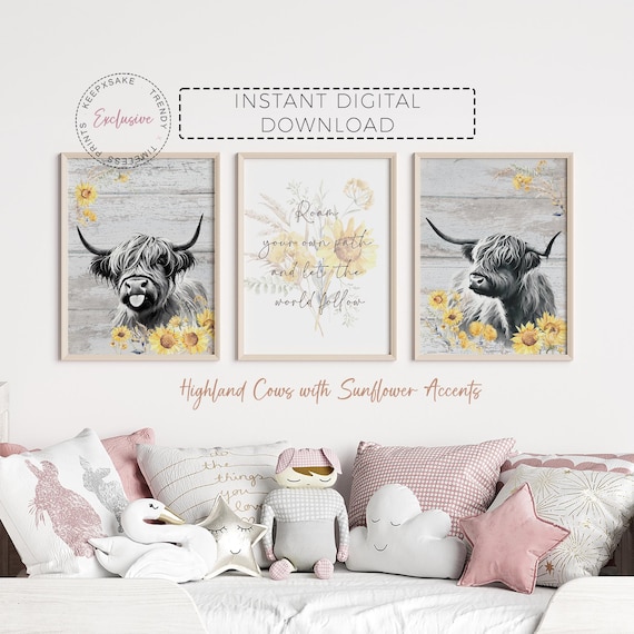 Sunflowers Girl Bedroom Prints | Highland Cows Wall Art | Quote Wall Art | Highland Cows Nursery | Baby Girl Gift | Sunflowers Floral Decor