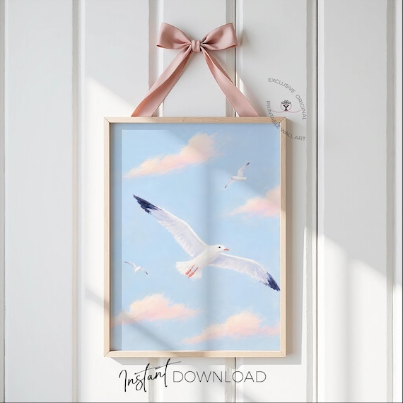 Seagull Wall Art Printable, Coastal Nursery Decor, Beach Bedroom Print, Ocean Bird Art for Kids Room, Instant Digital Download