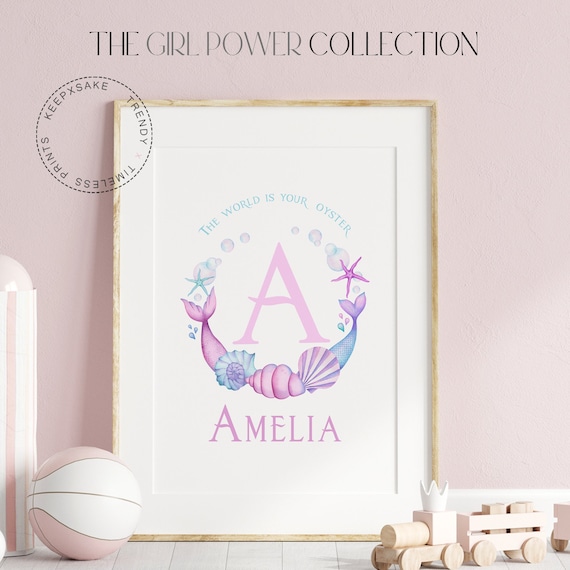 Mermaid Wall Art | Personalized Girls Nursery Print | Mermaid Nursery Print | Initial Name Print | Quote Wall Art | Under The Sea Girl Room