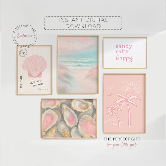 Coastal Wall Art Set of 5 – Blush Seaside Prints, Sandy Salty Happy Quote, Beach Nursery Decor, Digital Download