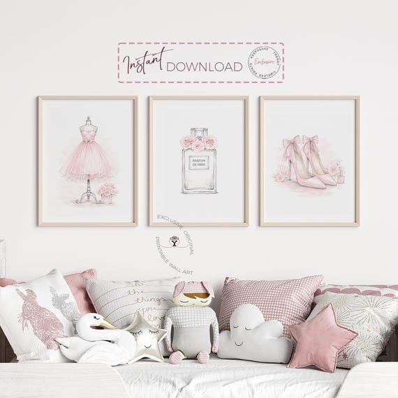Fashion Wall Art Set of 3, Chic Girls Bedroom Decor, Paris Perfume Print, Ballet Dress Illustration