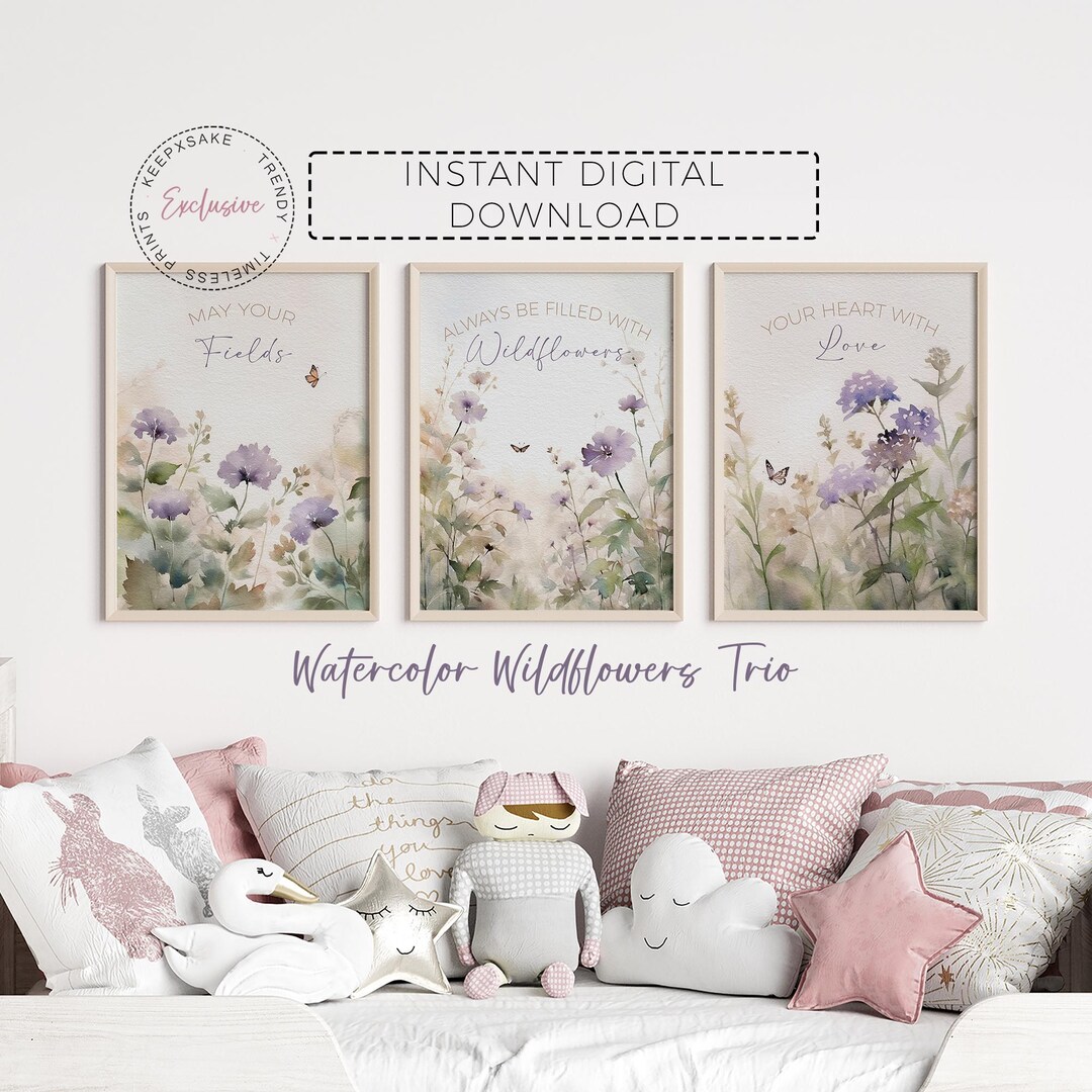 Purple Wildflower Nursery Wall Art Set of 3, Floral Quote Prints for ...
