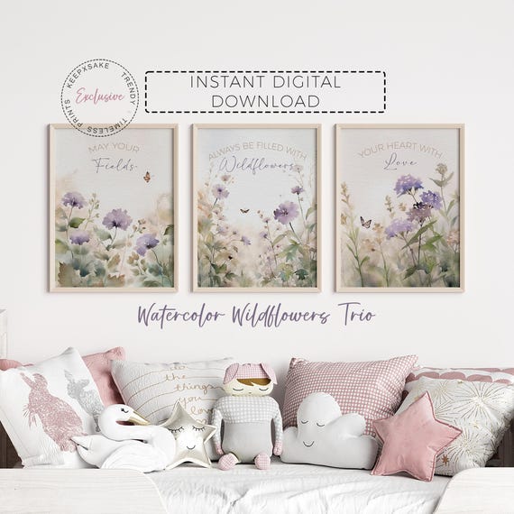 Wildflowers and Butterflies Prints | Floral Girl Wall Art | Butterfly Wall Art | Purple Nursery Decor | Inspirational Quote Printable Art